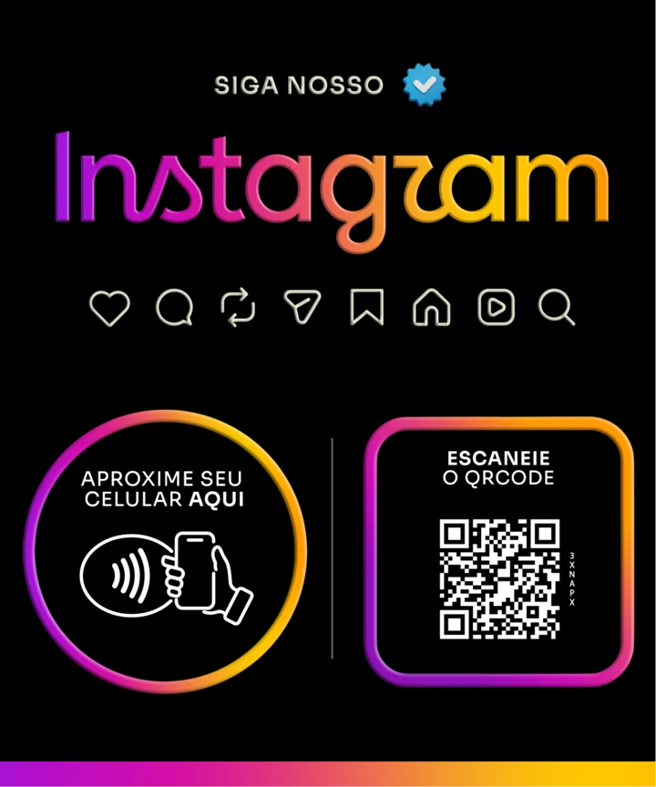 Placa Instagram preta, com NFC e QR code