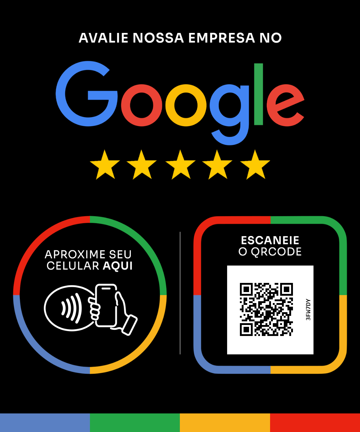 Placa preta de avaliação com Google, estrelas, NFC e QR code